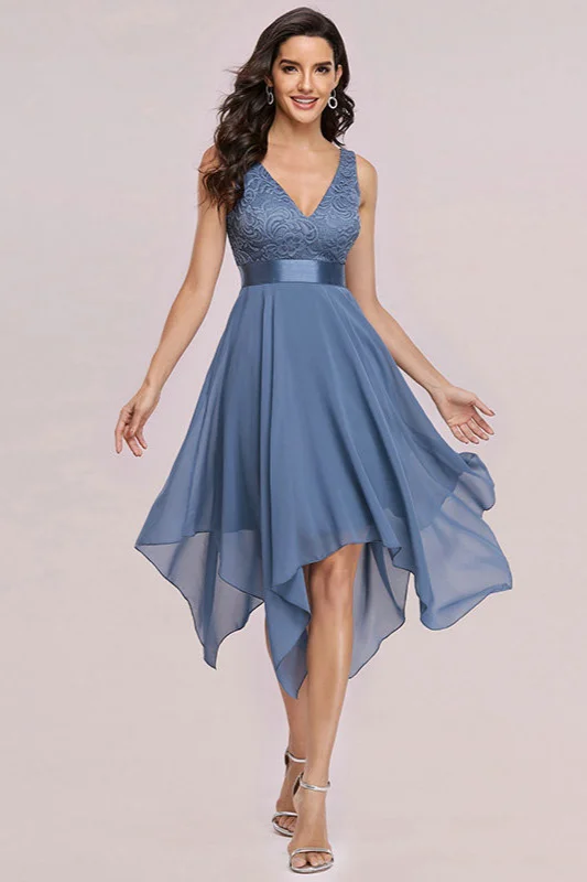 Dusty Blue V-Neck Lace Short Prom Party Dress - lulusllly