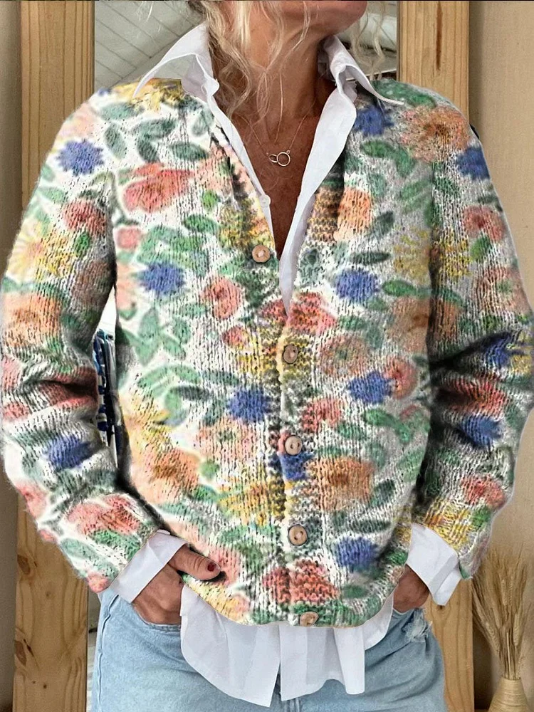 Women's Floral Art Print Button Cardigan