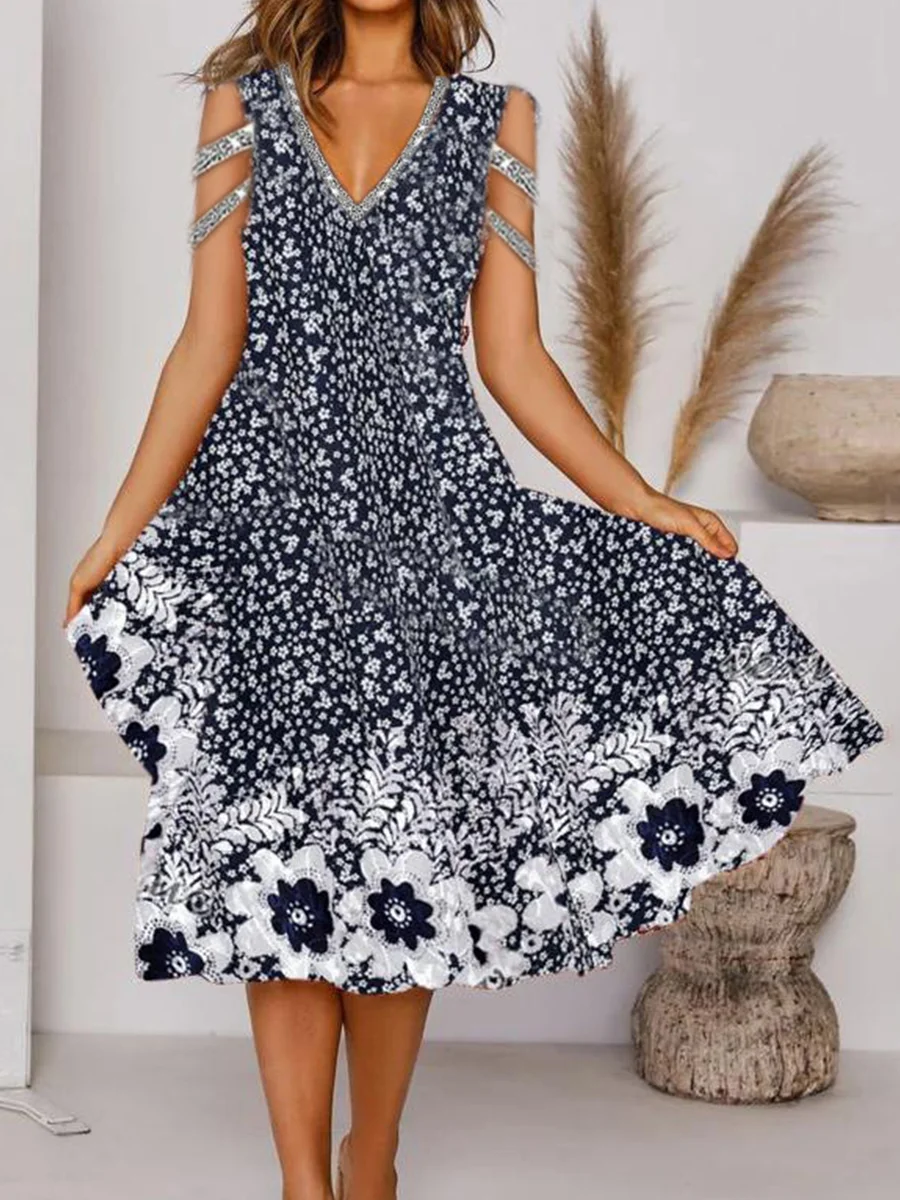 Printed V-neck Fashion Loose Dress