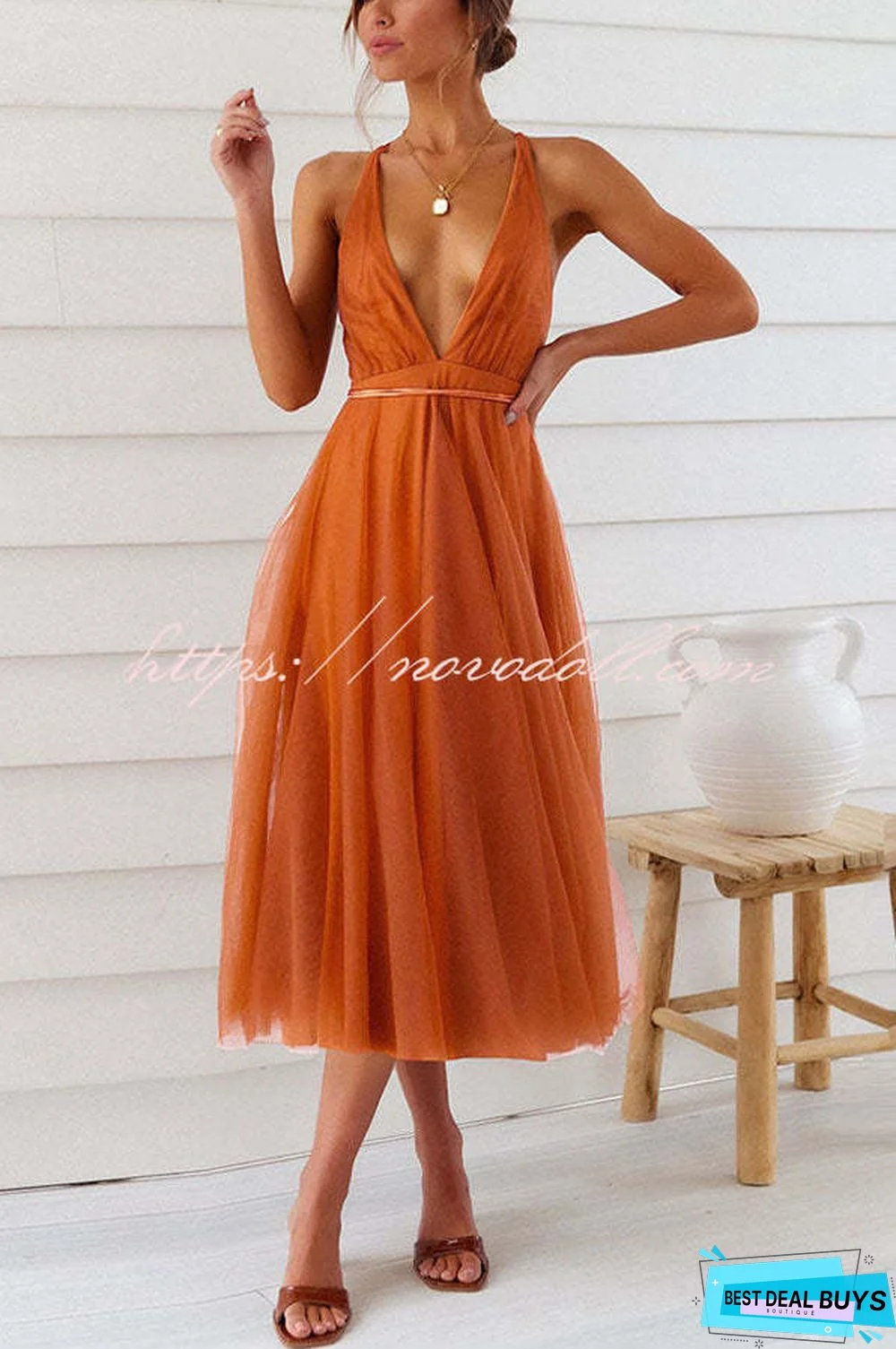 Feeling Romantic V Neck Tulle Midi Dress