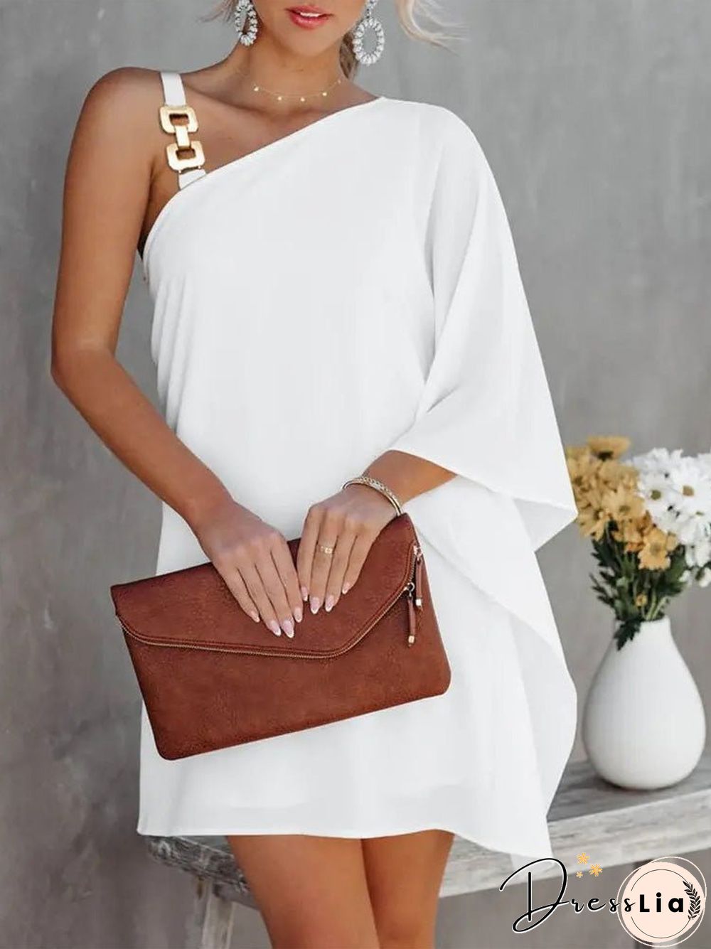 Women'S Dresses Solid Metal Strap Off-Shoulder Doll Sleeve Dress