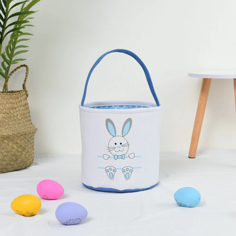 Kids Cotton Canvas Basket for Easter Egg Hunting and Carrying Gifts, Printed Easter Bunny 丨Rabbit Footprints
