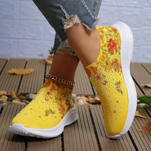 Yyvonne Women's Shoes Spring Breathable Sports Casual Shoes Water Drill Rainbow Shiny Flying Shoes Thick-Soled Running Women's Shoes