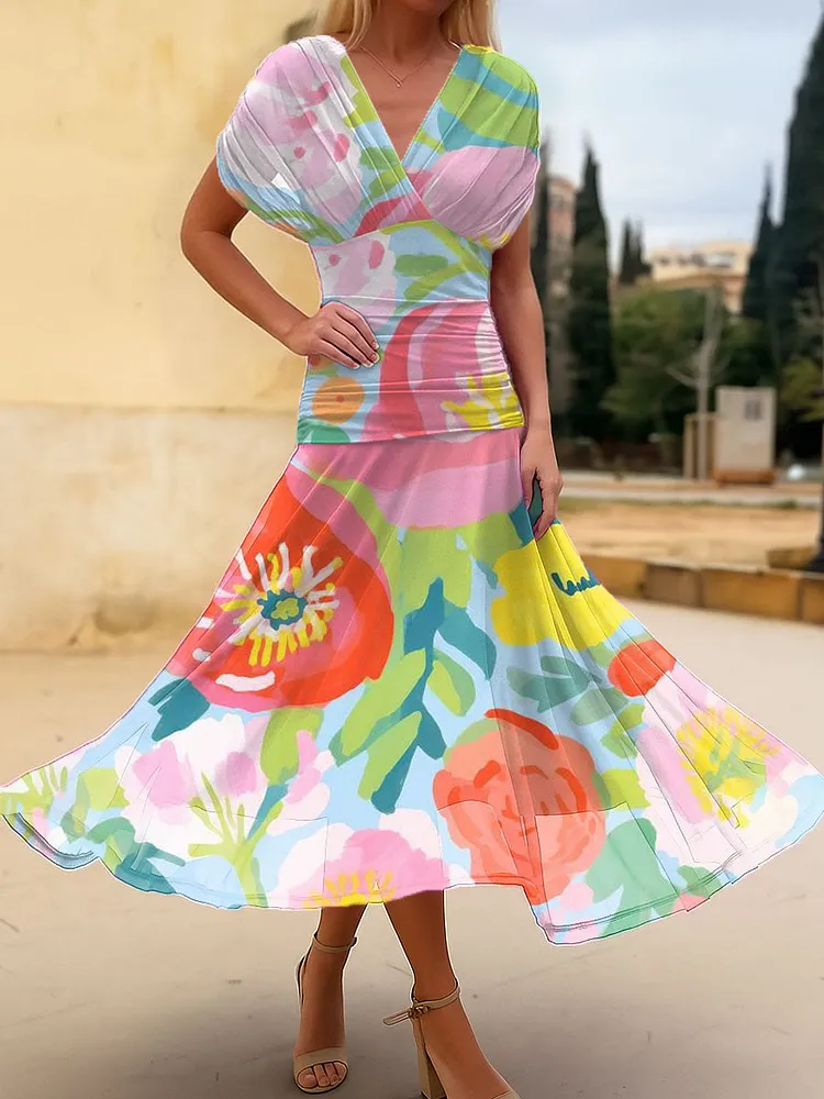 Women's Vintage Flower Art Print Flowy Casual Dress