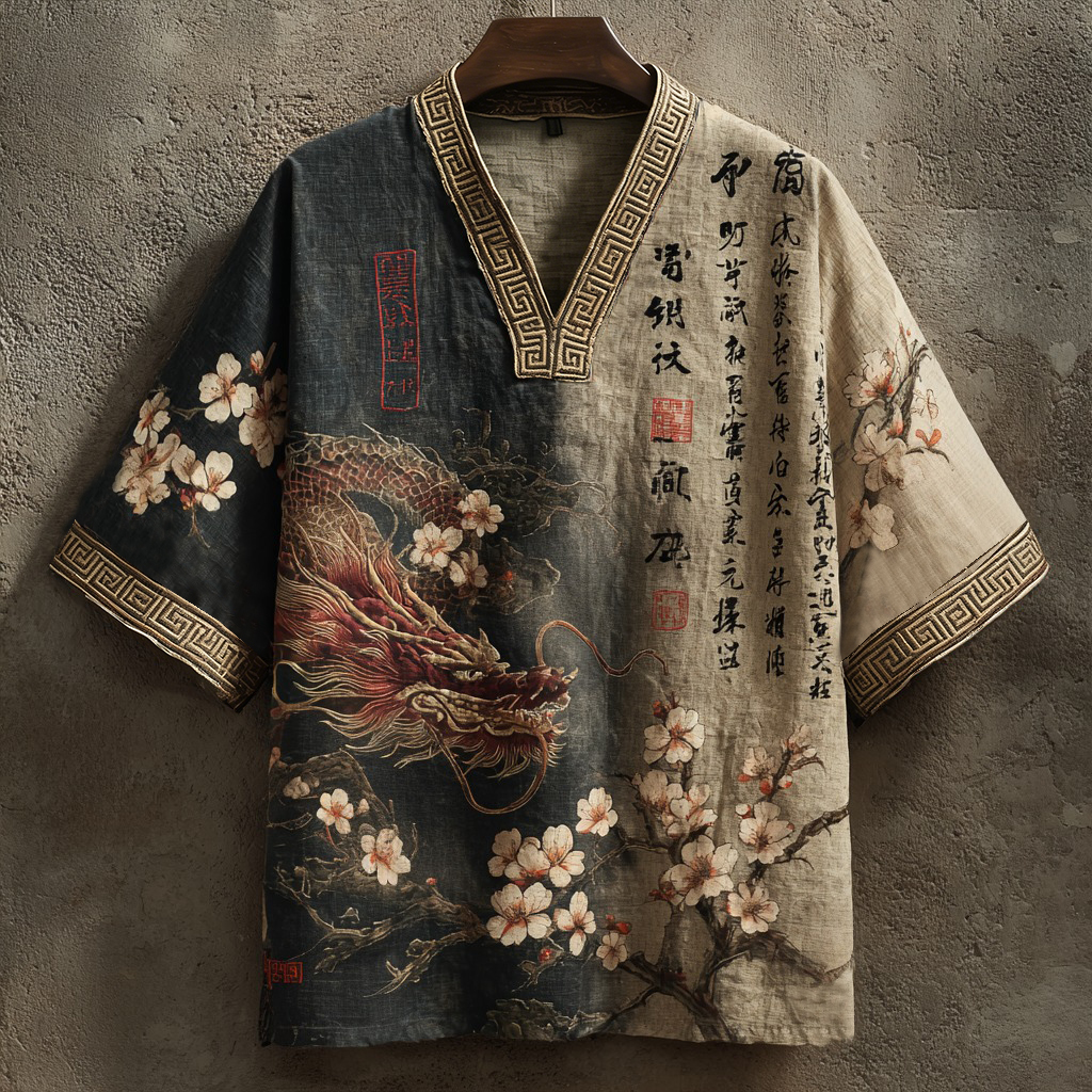 Men's Calligraphy Dragon And Apricot Blossom Short-sleeve T-shirt elevenforest
