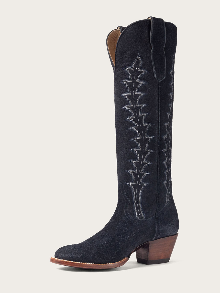 Navy Faux Suede Pointed Toe Embroidered Wide Calf Knee High Cowgirl Boots With Chunky Heels
