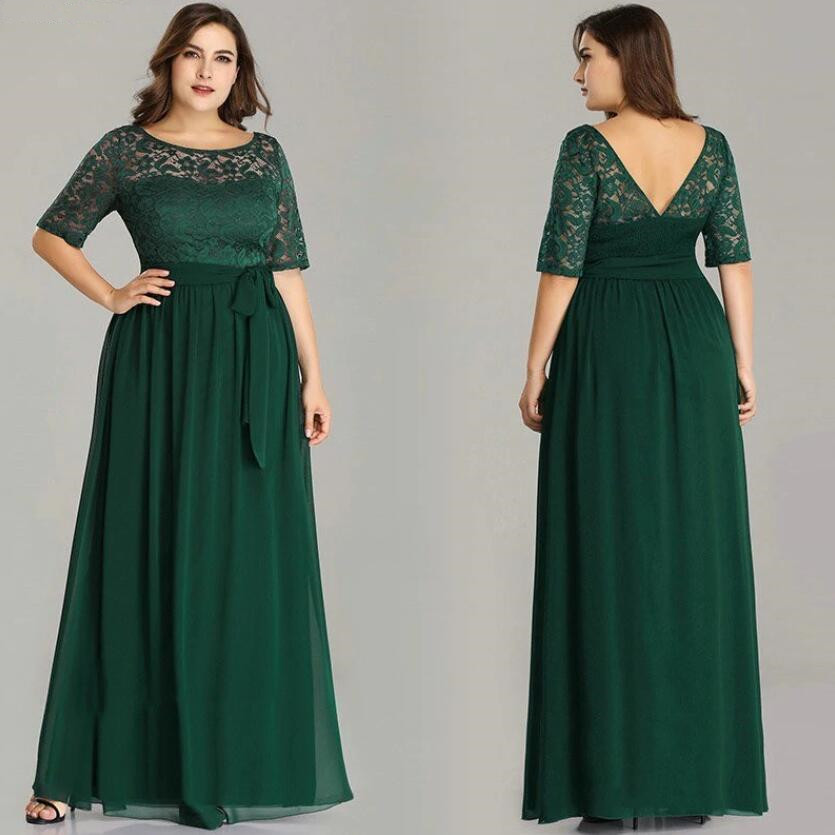 Gorgeous Half Sleeve Lace Long Chiffon Plus Size Evening Gowns Online