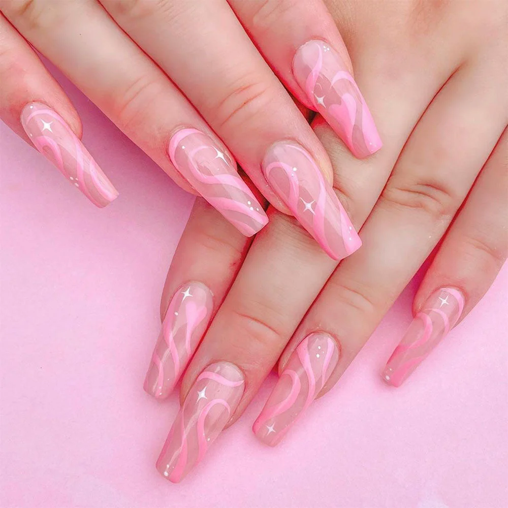 24Pcs/Box Detachable Almond Pink And White False Nails Wavy Style Stiletto Fake Nails Ballerina Coffin Full Cover Manicure Tool 406-Nail Inspo