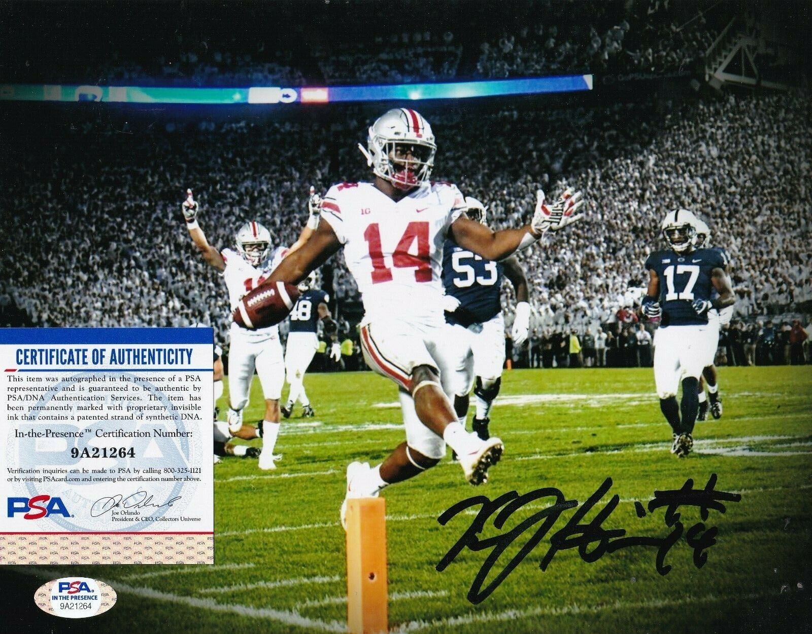 K.J. HILL OHIO STATE BUCKEYES PSA/DNA AUTHENTICATED ACTION SIGNED 8x10