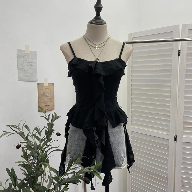 Uveng Dark Wasteland To Make Old Hole Slings Vest Irregular Lotus Side Ribbon Short Sleeveless Top 9238