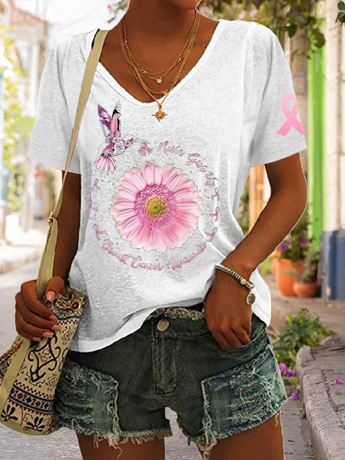 Never Give Up Breast Cancer Awareness Print Casual T-Shirt socialshop