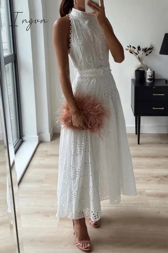 Ingvn - Elegant Solid Embroidered Hollowed Out O Neck Sleeveless Dress Dresses White / Xs