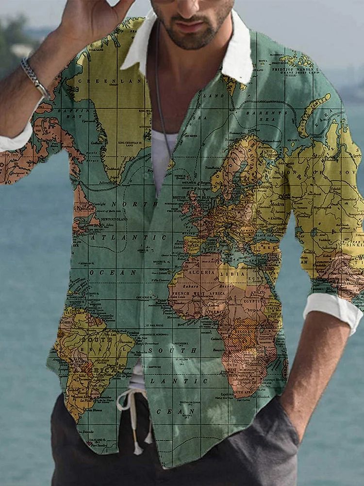 Pre-sale men's casual shirt map print shirt