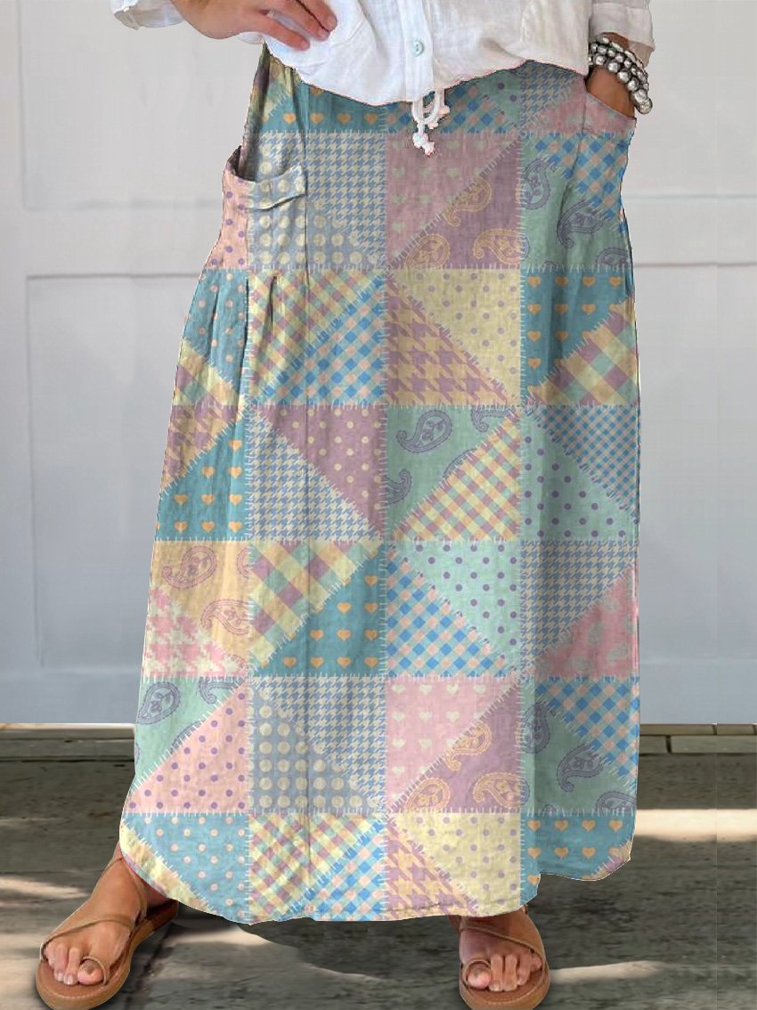 Countryside Multicolor Patchwork Pattern Printed Women's Linen Pocket Skirt