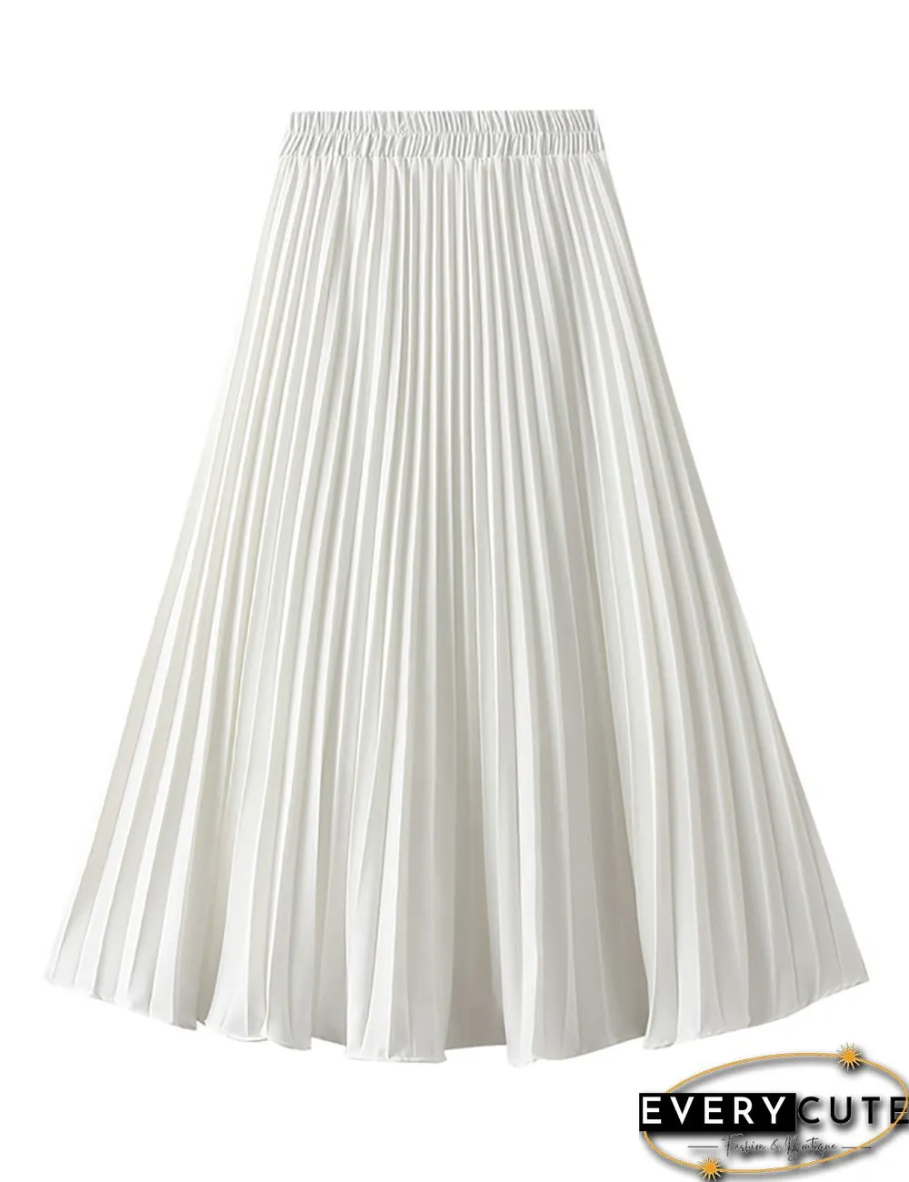 White Elastic Waist A-line Pleated Maxi Skirt