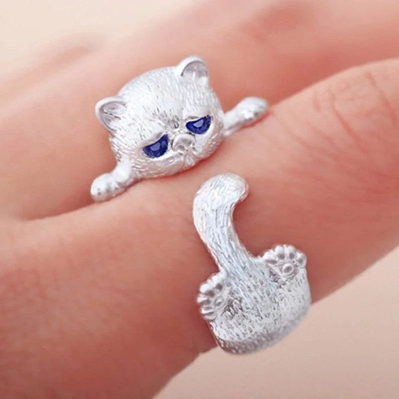 Christmas Gift Ring for Men Women Japanese Style Cute Cat Ring Simplicity Fashion Jewelry  Gifts Blue Rhinestone Eyes Dog Rings