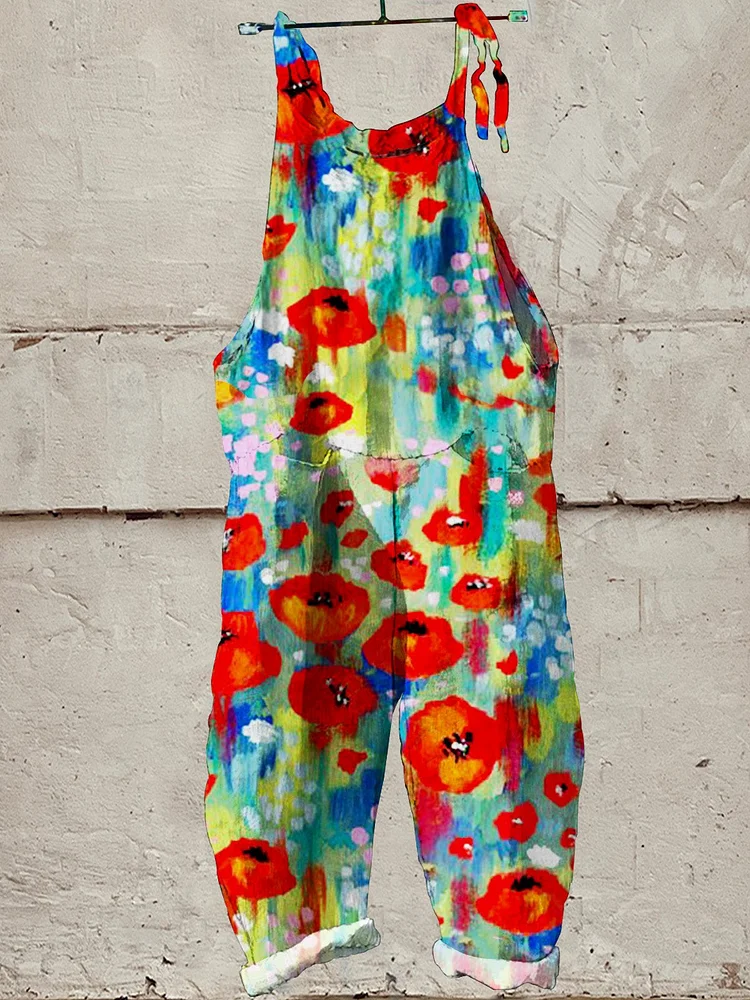 Women's  Floral Art Print Casual 100% Cotton Wide Leg Jumpsuit