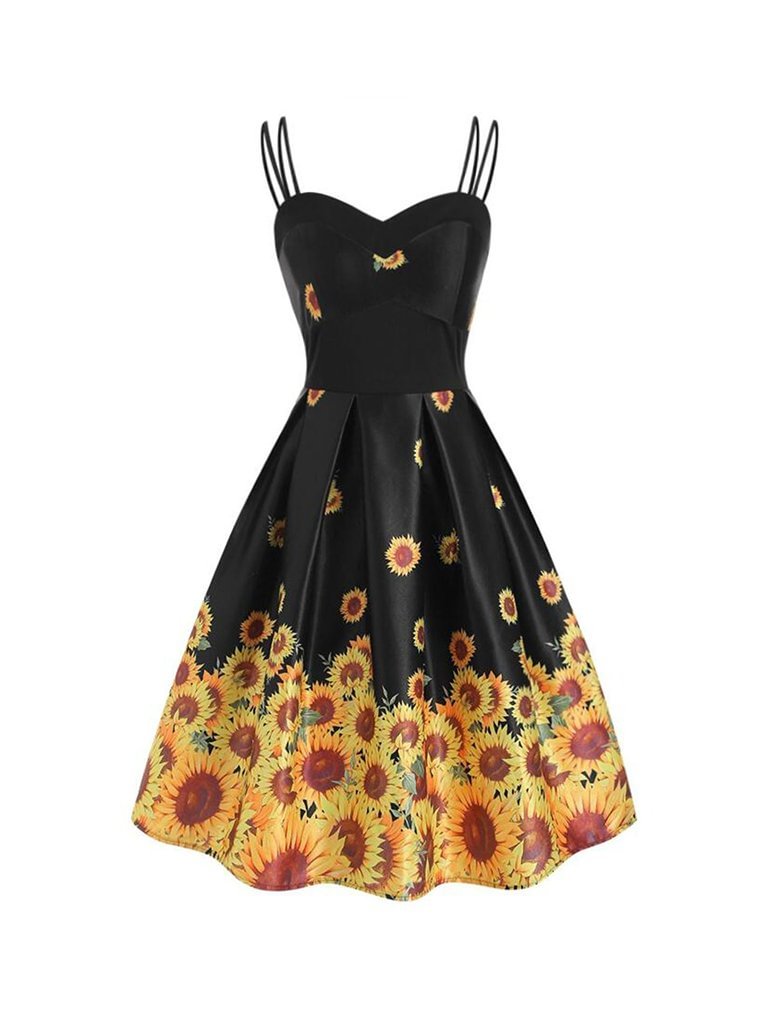 Womens Retro Dress Sunflower Print Spaghetti Straps Dress
