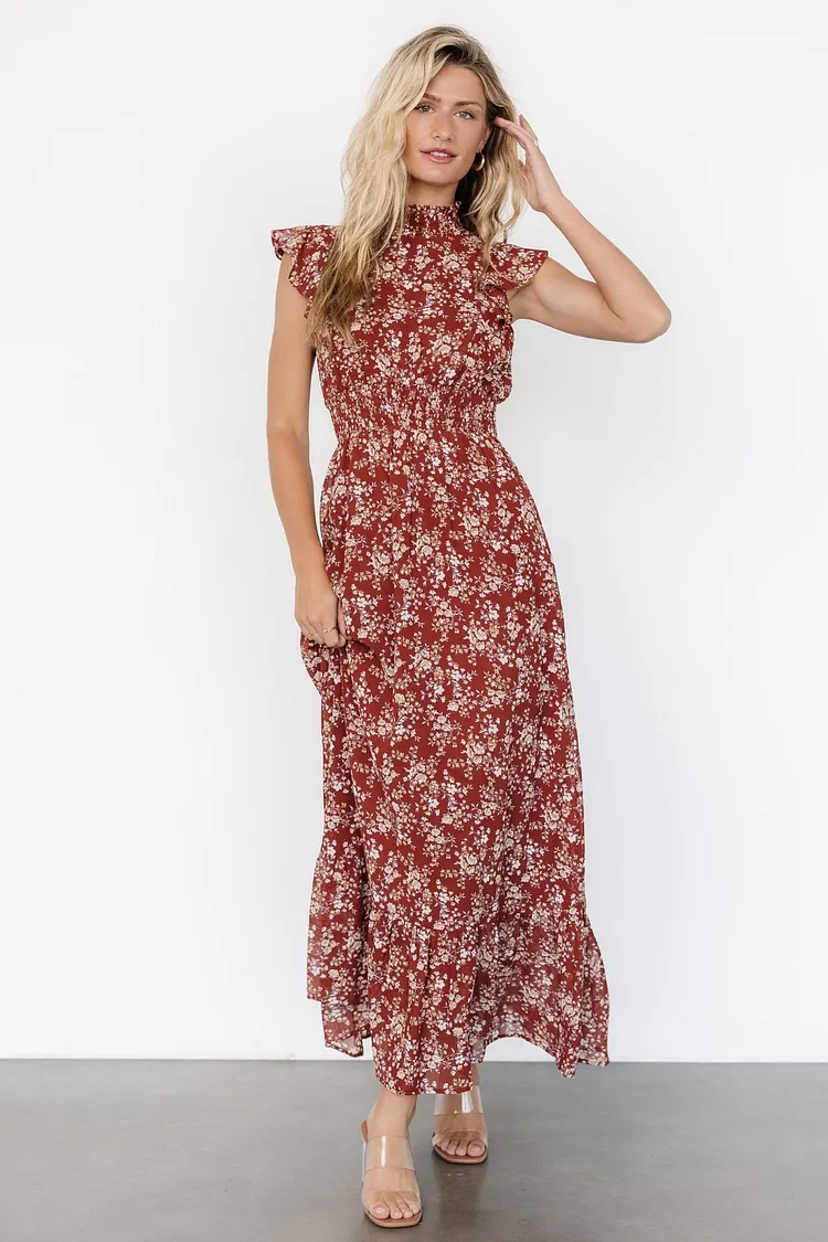 Ruffle Floral Maxi Dress - Rust Print