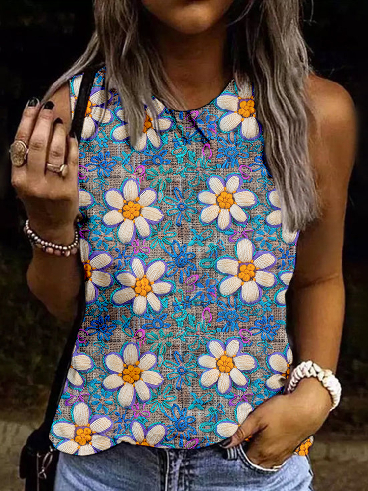 Comstylish Bright Flowers Embroidered Comfy Tank Top