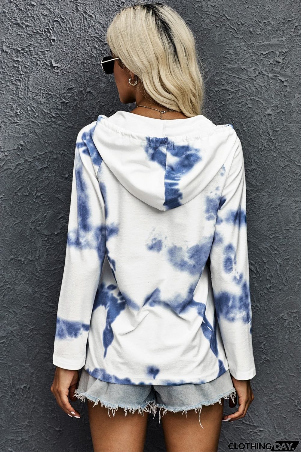 Blue White Tie-dye Knit Hooded Top