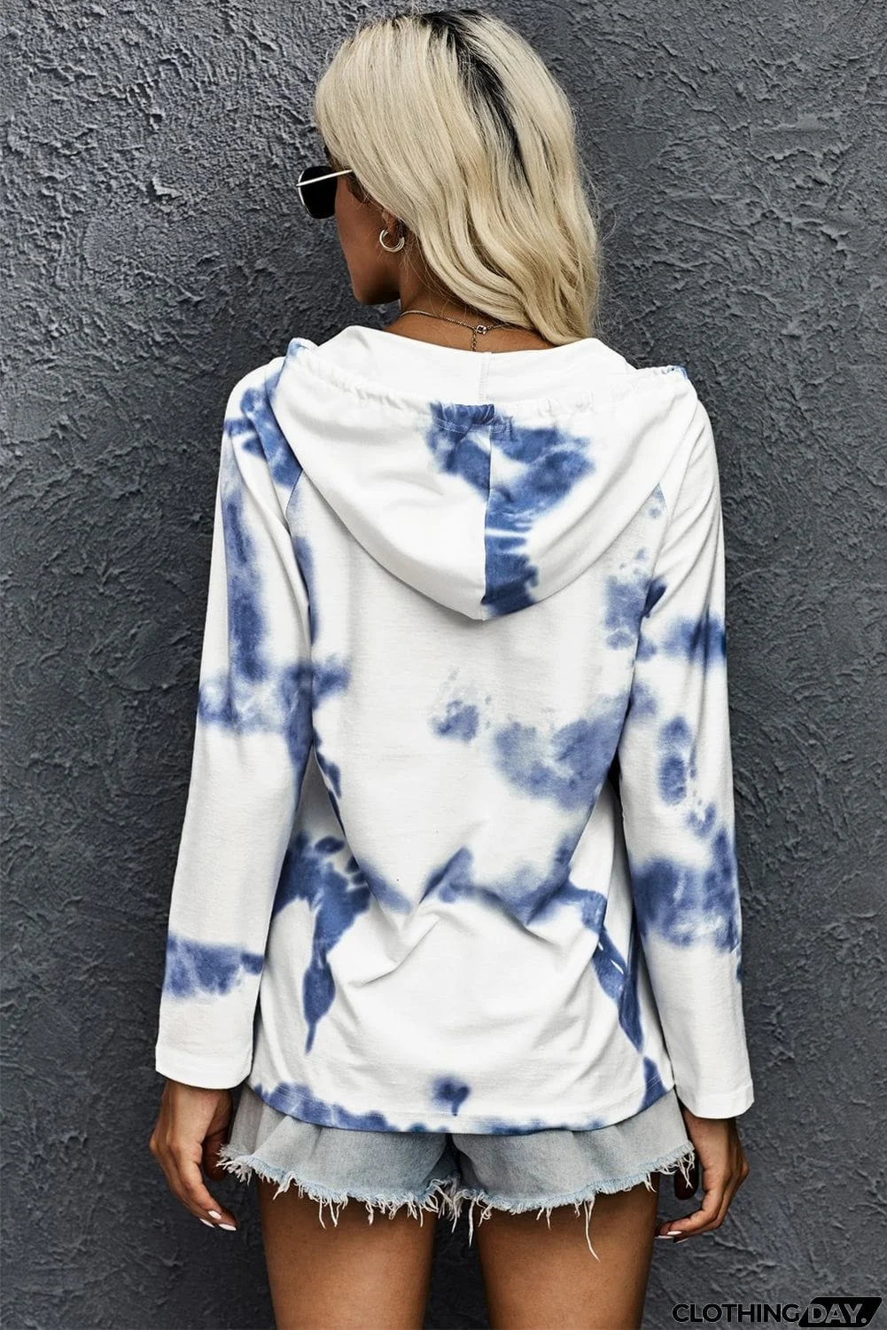 Blue White Tie-dye Knit Hooded Top
