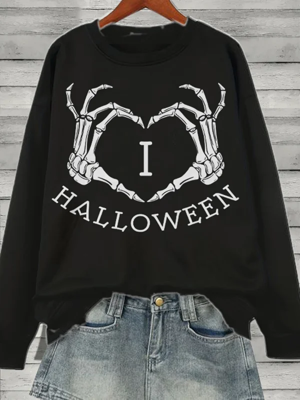 Women's I Love Halloween Skeleton Hands Heart Art Print Cozy Sweatshirt