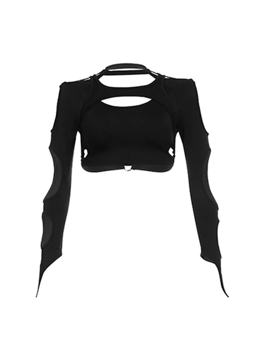 Hollow Out Crop Top and Flare Chaps Pants Two-Piece Set in Black