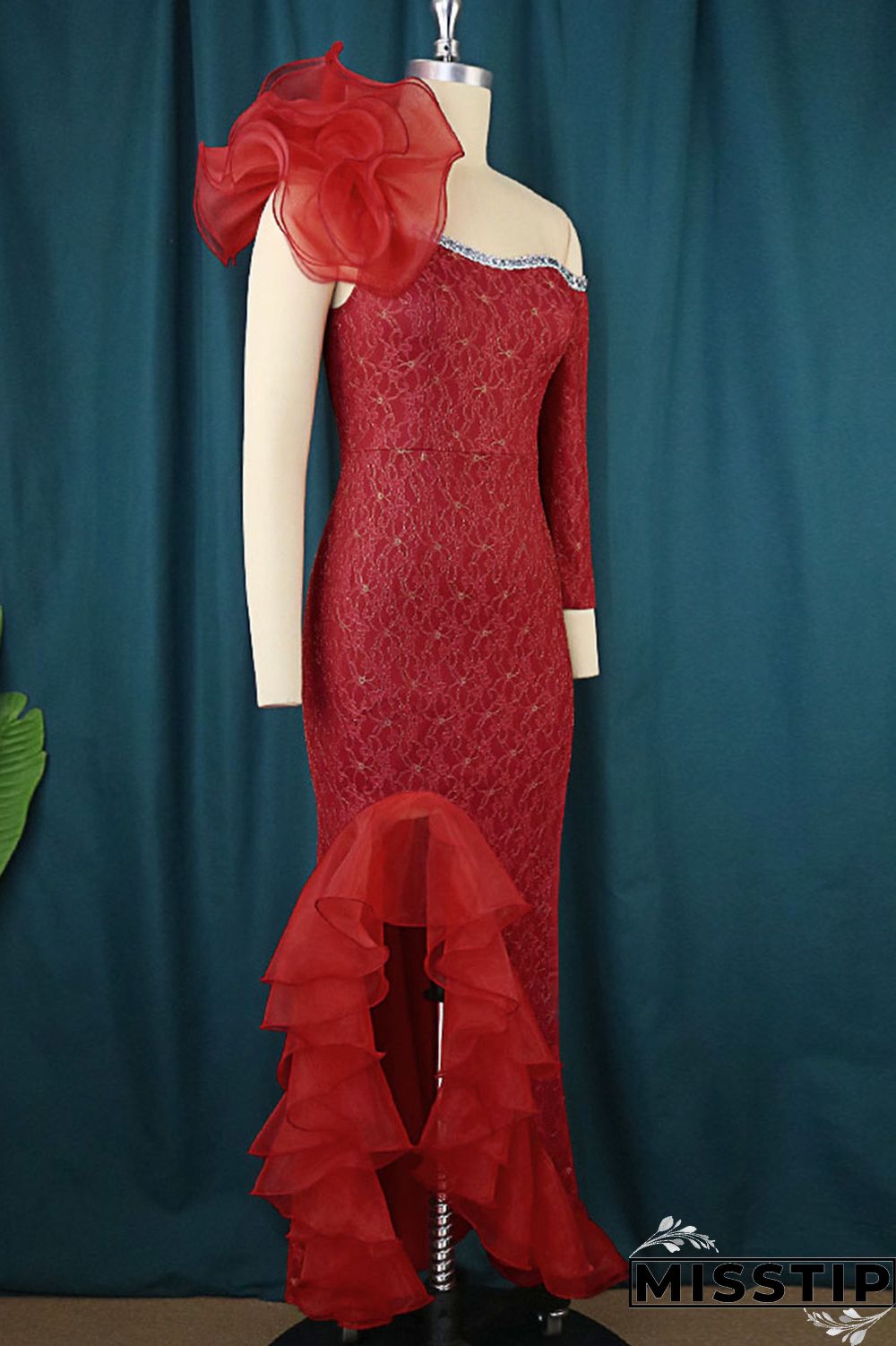 Red Elegant Patchwork Appliques Flounce Asymmetrical Evening Dress Dresses