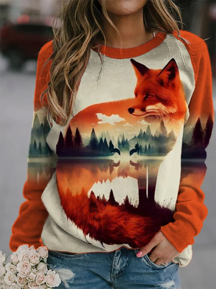 VChics Reflection Landscape Fox Art Raglan Sweatshirt