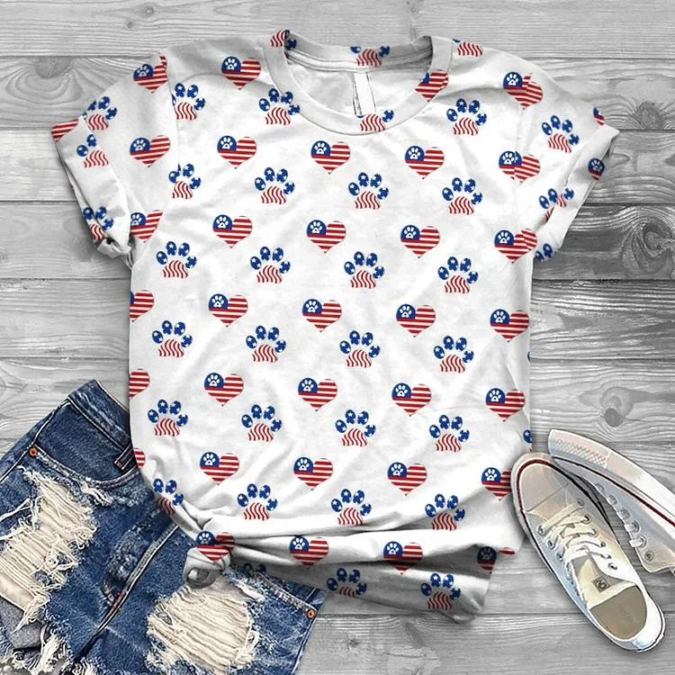 Women's Cute Heart Cat Paw American Flag Print Short Sleeve T-shirt