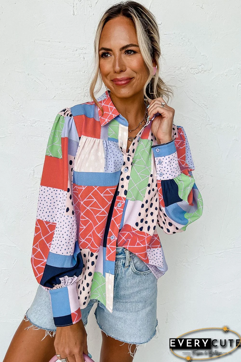 Orange Multicolor Mixed Print Button Front Cuffed Sleeve Shirt