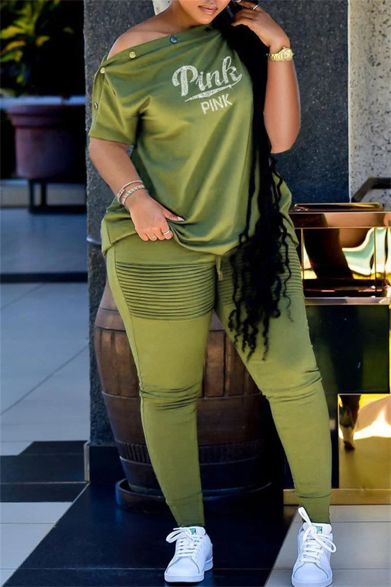 Fashion Casual Letter Hot Drilling Split Joint Oblique Collar Short Sleeve Two Pieces