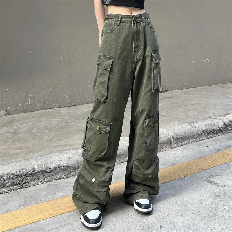 Qjong Harajuku Retro Beige Cargo Pants Women Y2K Vintage Pockets Wide Leg Trousers Oversized Hip Hop Streetwear Techwear Bottom