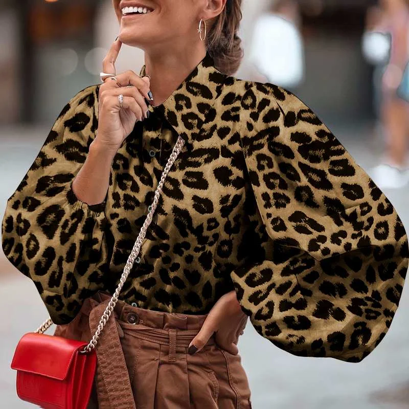 Celmia Women Fashion Blouses 2022 Lantern Sleeve Elegant Party Shirts Casual Lapel Loose Leopard Print Tunic Top Blusas Feminina