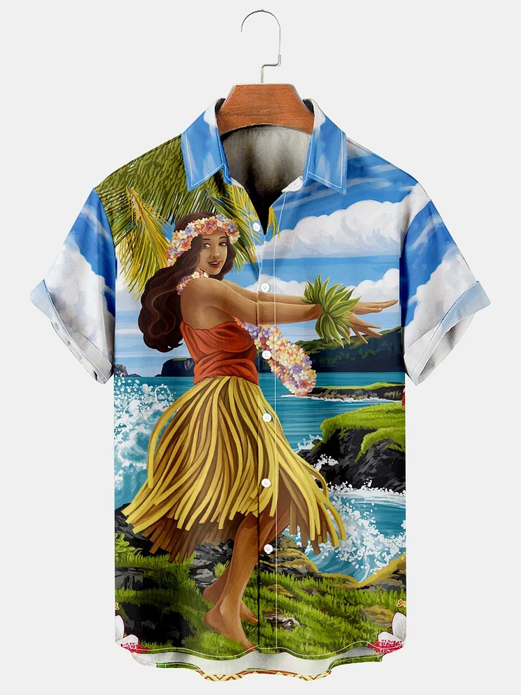 Mens Retro Hawaiian Poster Print Casual Breathable Short Sleeve Hawaiian Shirts