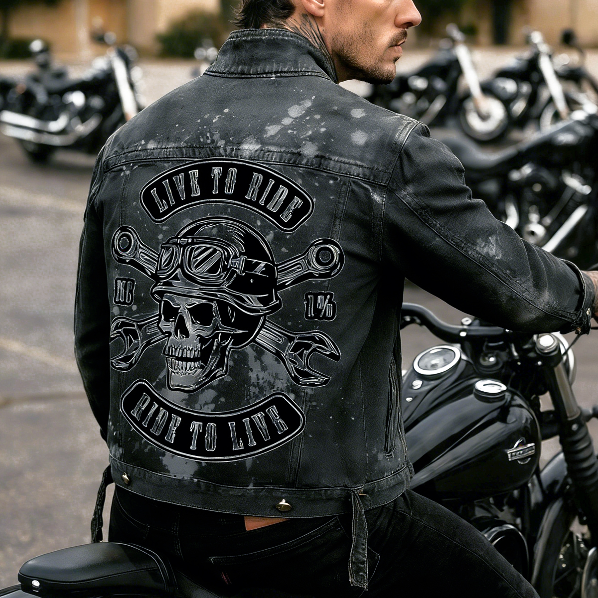 Washed Denim Motorcycle Jacket With Skull And Tools Print