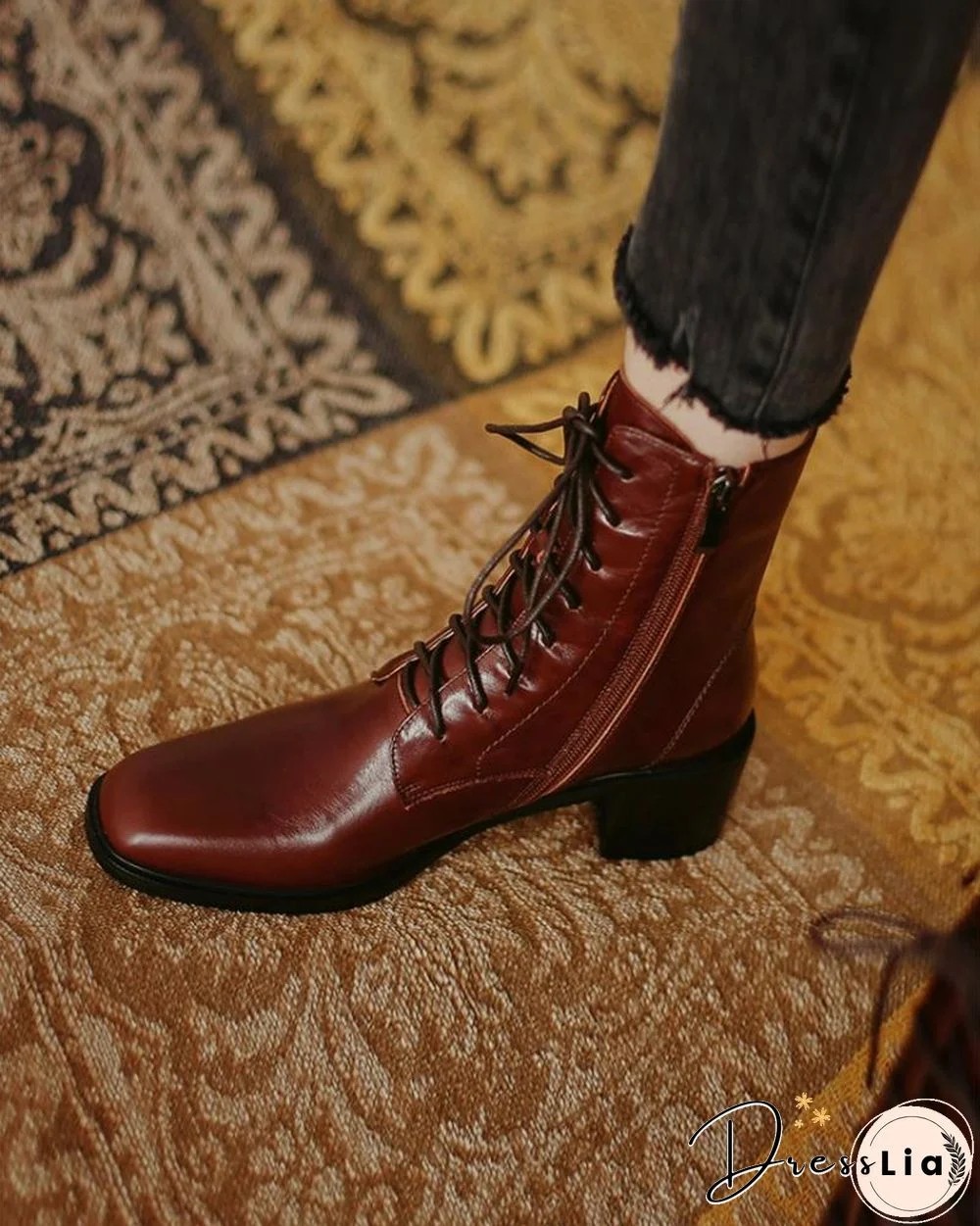 Pointed-toe Solid Color Lace-up Martin Boots