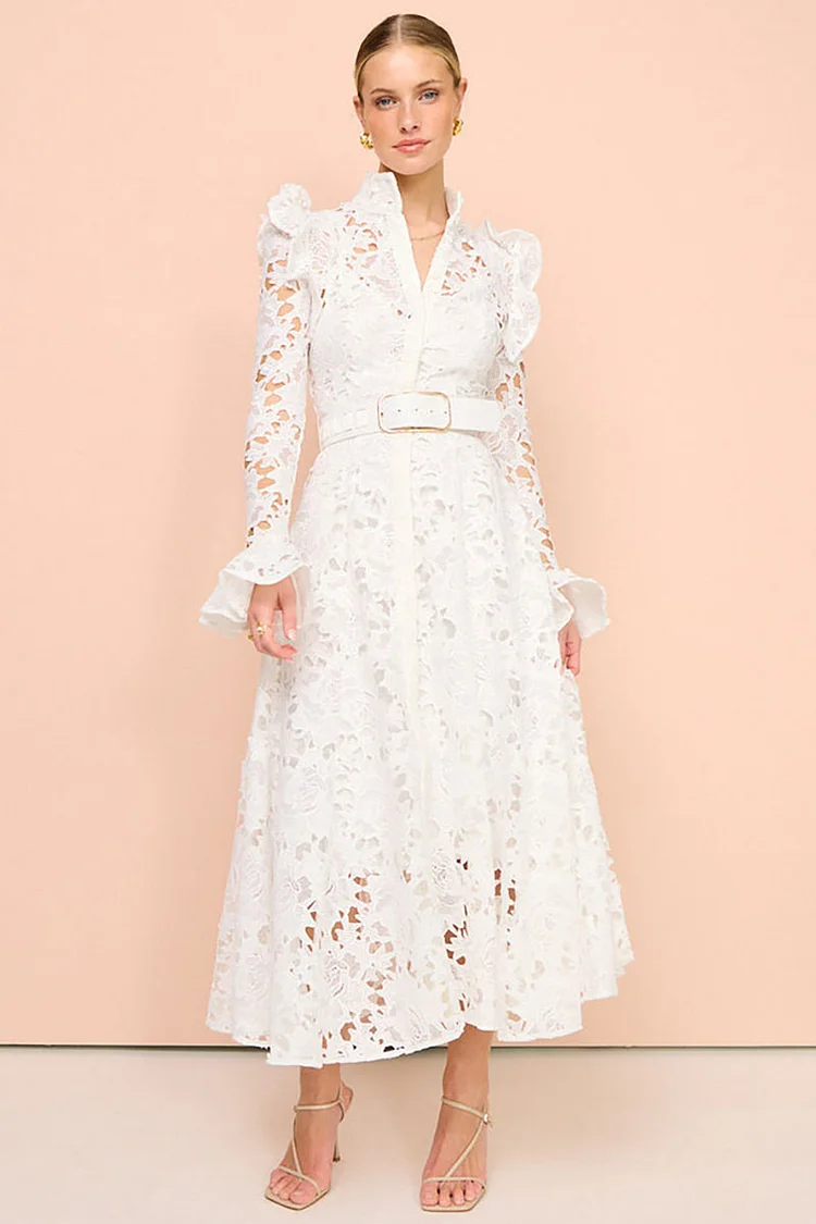 Lace Ruffled Trim Long Sleeve A-Line Midi Dresses-White