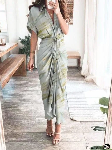 Dresses Printed Lace-Up Single-Breasted Shirt Dress for Women