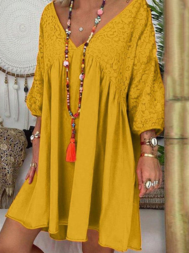 Women's 3/4 Sleeve V-neck Lace Stitching Midi Dress