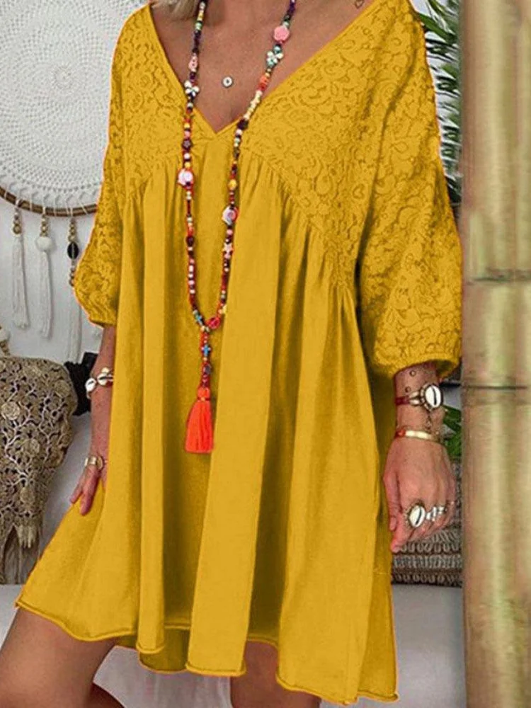 Women's 3/4 Sleeve V-neck Lace Stitching Midi Dress