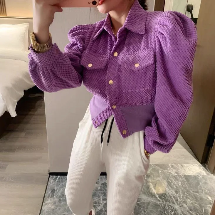 Women 2023 Autumn Winter Shirts Retro Cargo Style Pockets Long-Sleeved Shirt Puff Sleeve Bandage Nipped Waist Tops Female
