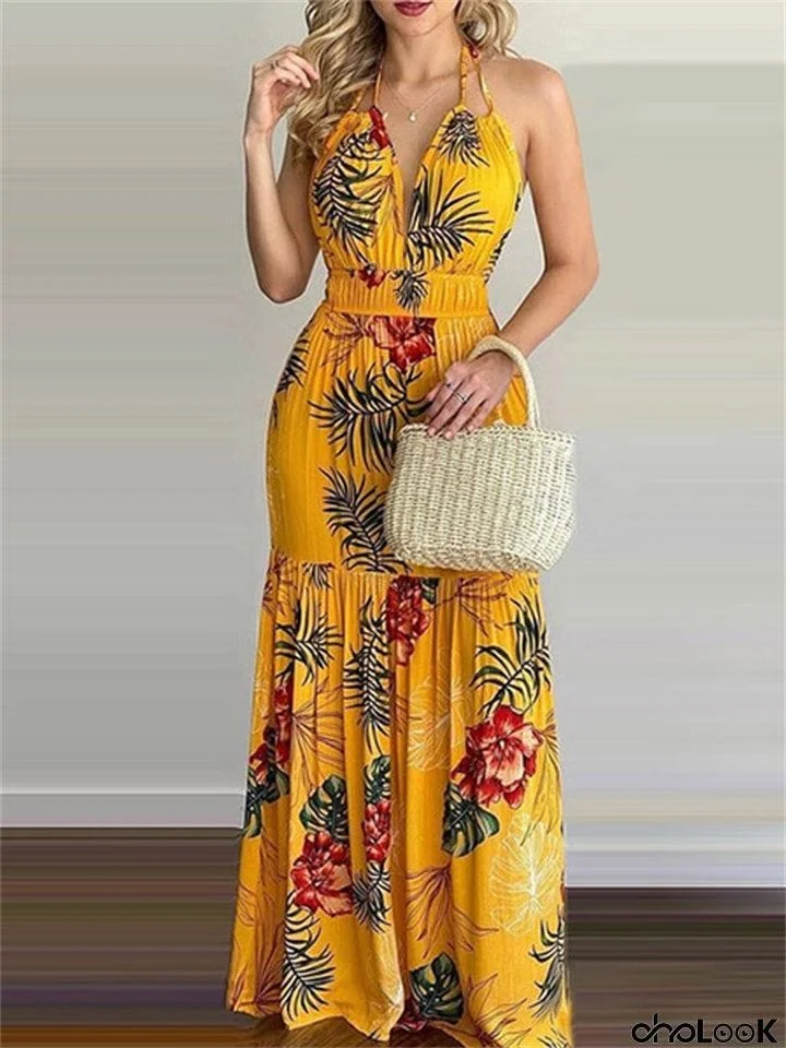 Print Backless High Waist Sleeveless Dress