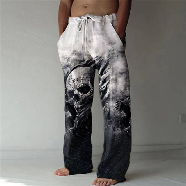 Men's Sporty Pants Skull Print Fading Color Drawstring Casual Wide Leg Pants