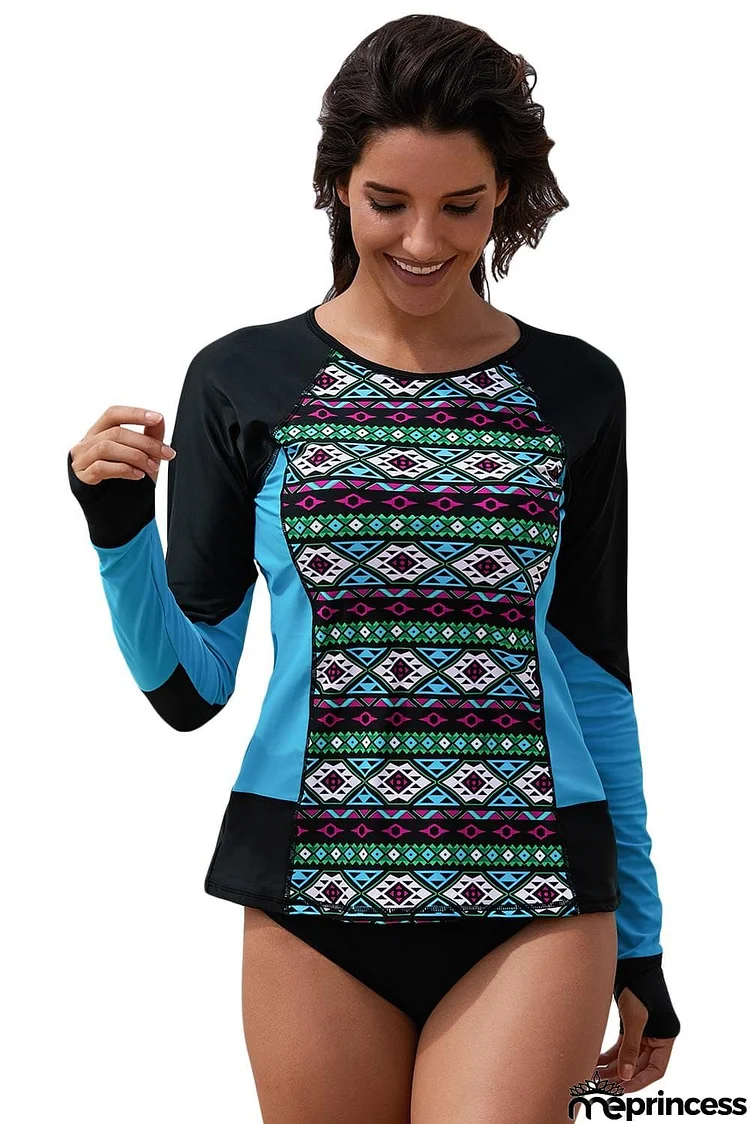 Color Block Tribal Print Rashguard Top