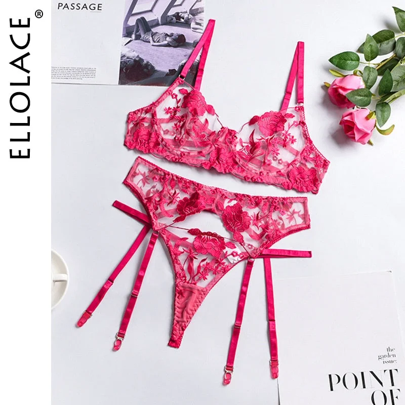 Ellolace Sexy Lingerie Exotic Costumes Lace Transparent Underwear Women Sensual Lingerie Woman Porn Erotic Lingerie 3 Pieces