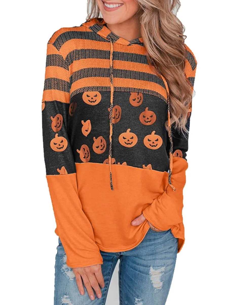 Women's Sweatshirts For Halloween Striped Pumpkin Print Drawstring Casual Hoodie
