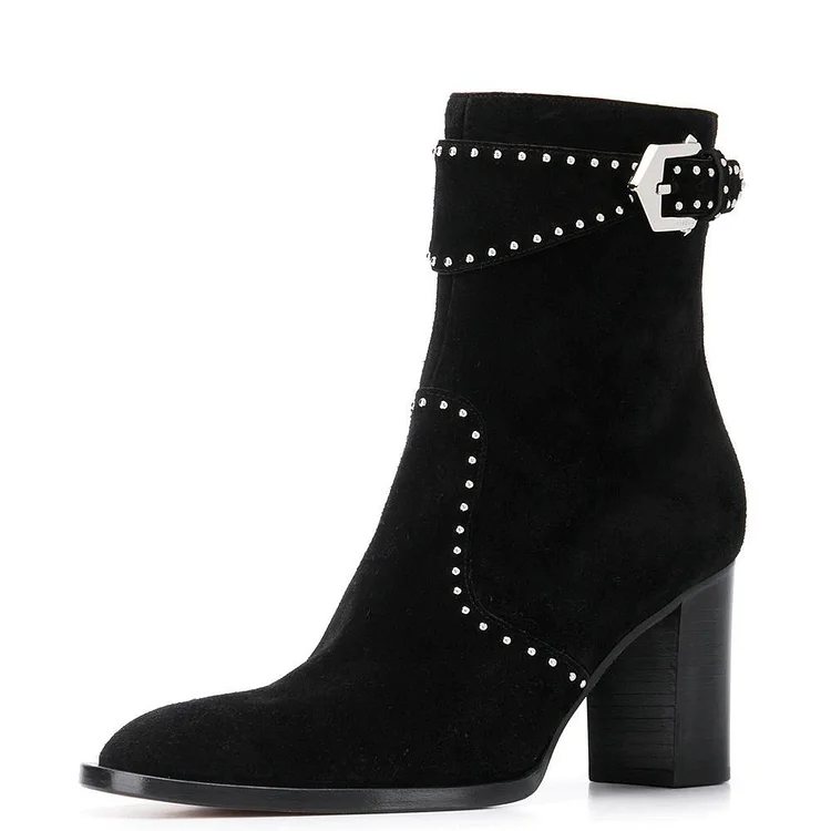 Black Vegan Suede Buckle Chunky Heel Boots Ankle Boots |FSJ Shoes