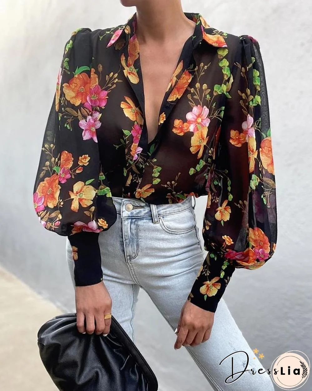 Chiffon Floral Print Lantern Sleeve Blouse